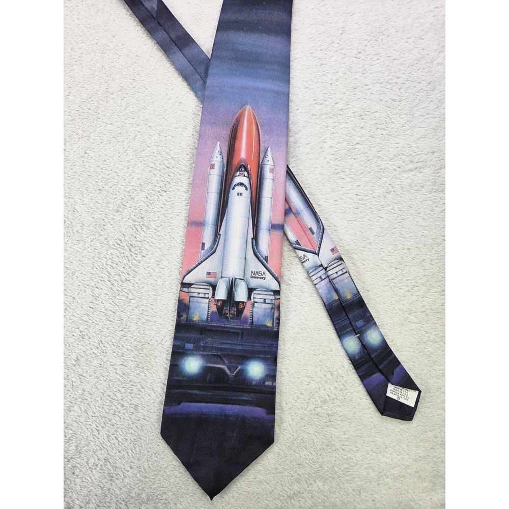Vintage Ralph Marlin NASA Space Shuttle Discovery Tie USA Made Rocket Necktie
